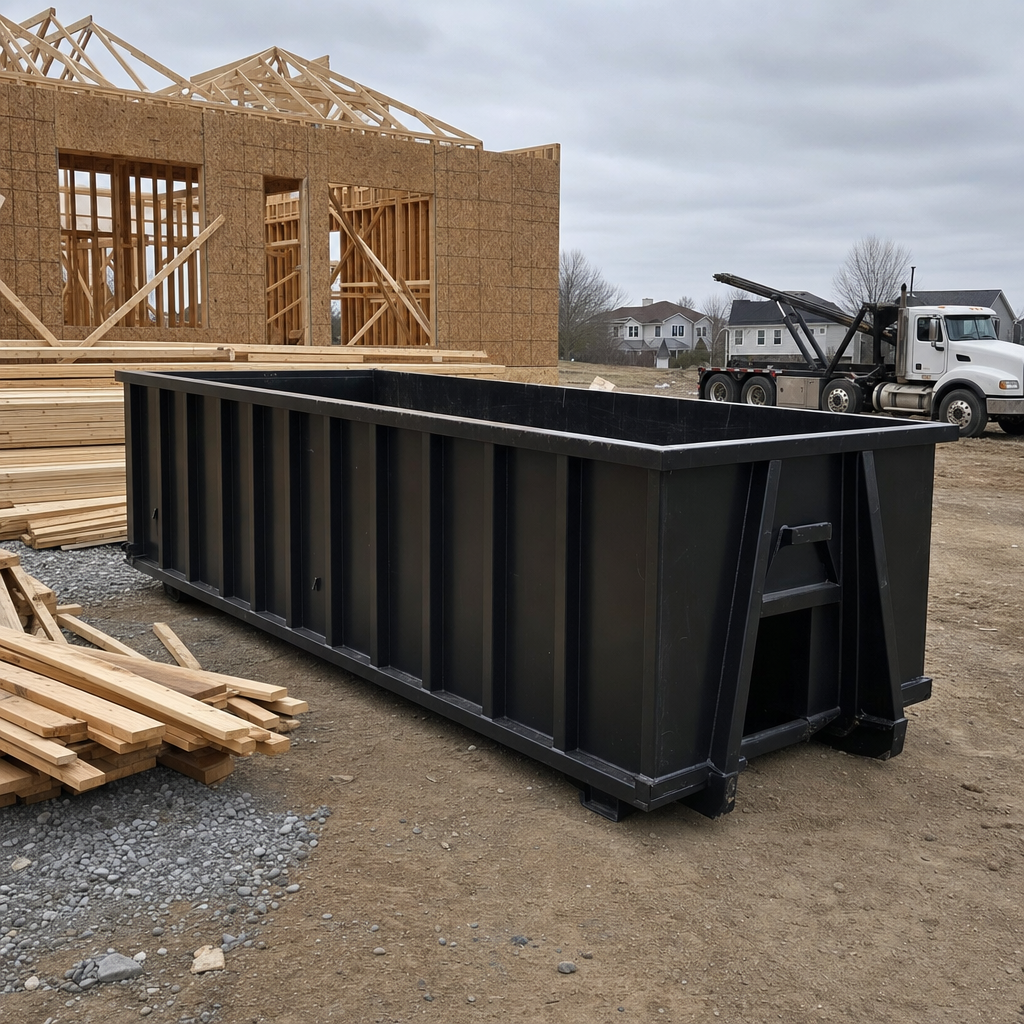 Matte-black 40-yard roll-off dumpster staged on a framed-out residential construction site in Albany, framing lumber stacked nearby, hooklift delivery truck visible in the background under bright Colorado daylight