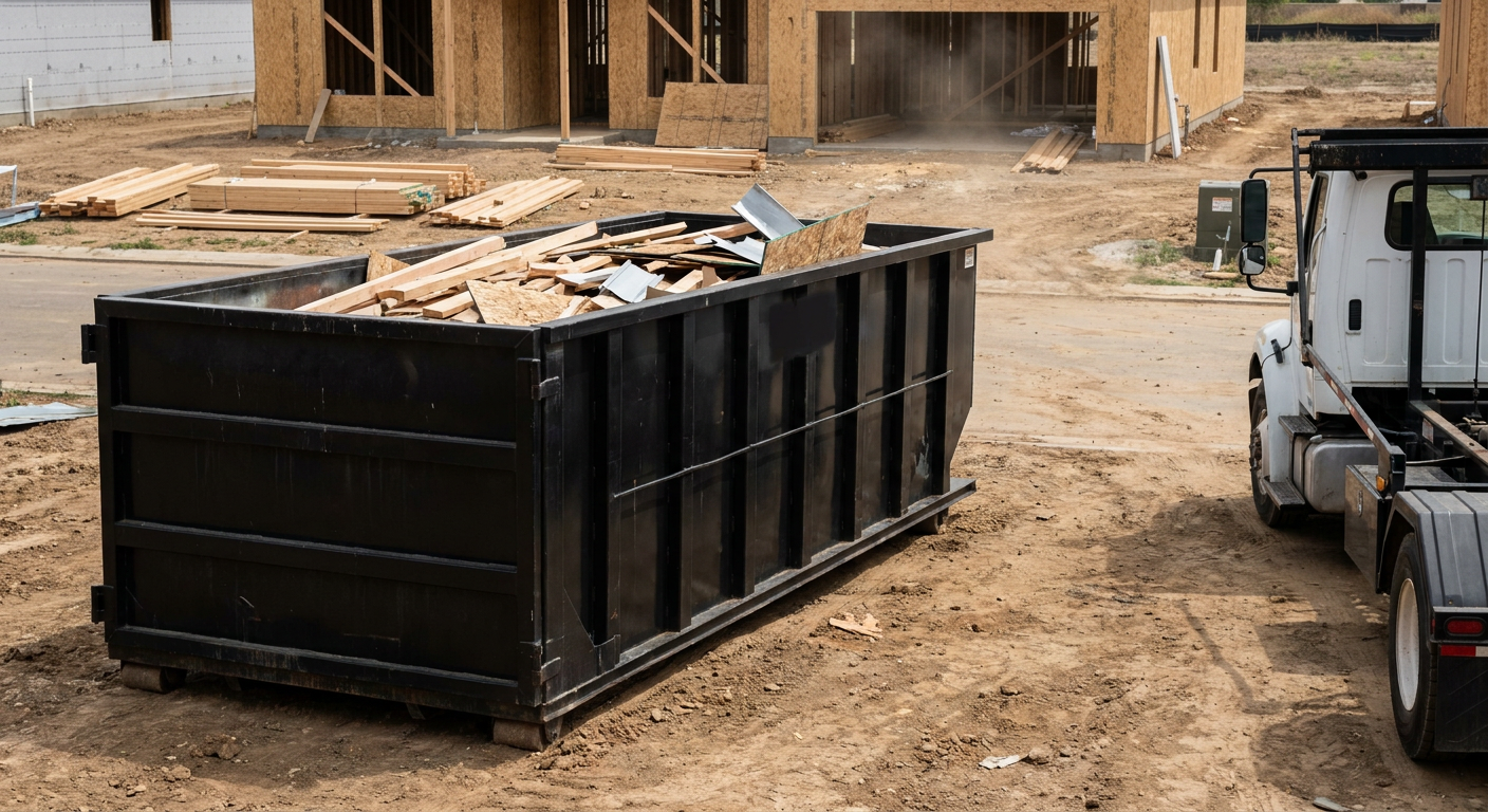 Matte-black 20-yard roll-off construction dumpster with heavy ribbed steel sidewalls and swing rear doors at a working jobsite in Albany, sitting directly on compacted dirt with an unmarked white hauler partially visible at the far edge of the frame.
