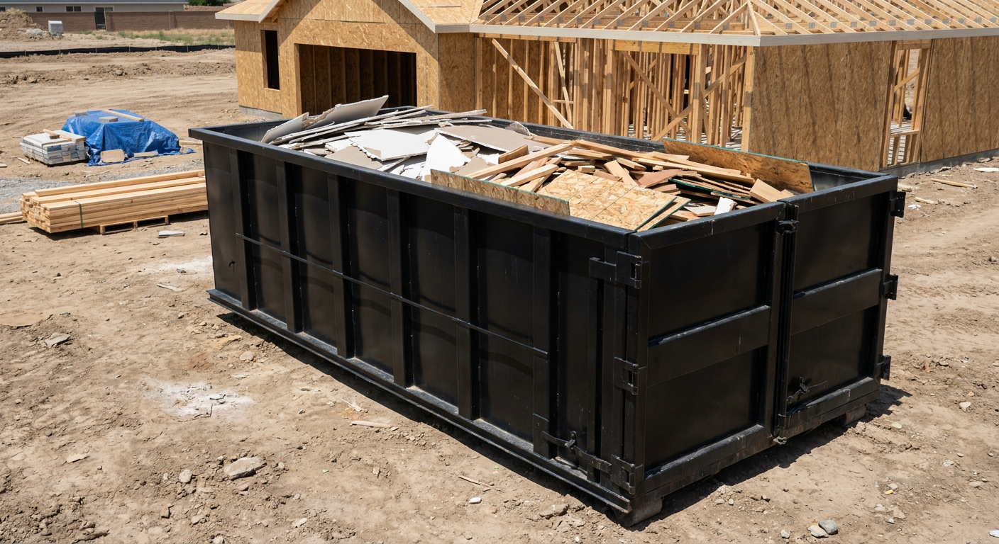 Matte-black 30-yard roll-off construction dumpster sitting directly on the compacted-dirt site of a framed single-family home build in Albany, drywall and lumber scrap loaded inside.