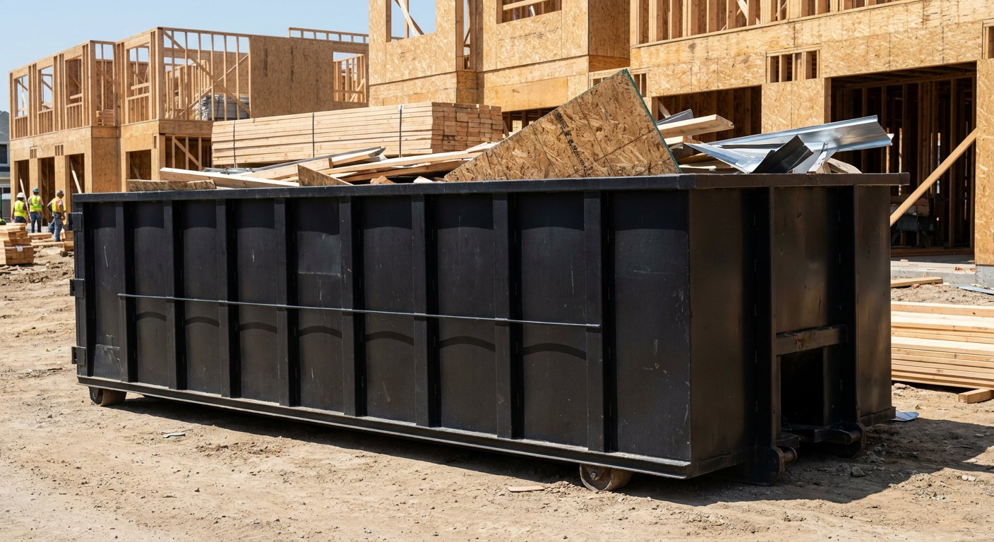 Matte-black 40-yard roll-off construction dumpster being lowered from a white-cab hooklift delivery truck onto the compacted-dirt jobsite at a commercial build site in Albany