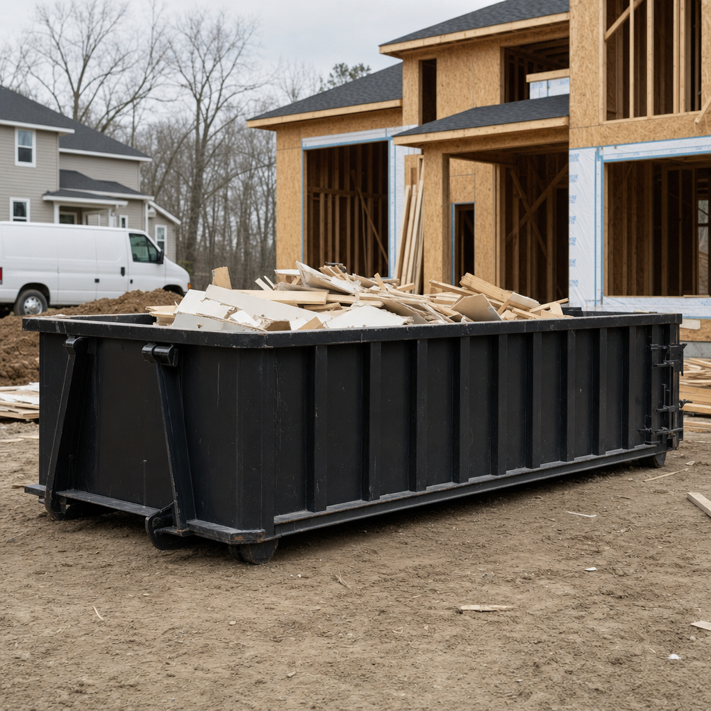 Worker in a yellow high-visibility vest tossing framing lumber and broken drywall into a matte-black 30-yard construction roll-off dumpster on an active build site in Albany, bright daylight