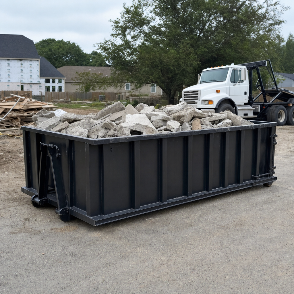 Low-profile matte-black lowboy roll-off dumpster loaded with broken concrete slab and rebar at a foundation tear-out in Albany, skid steer parked beside it, sunny Colorado morning