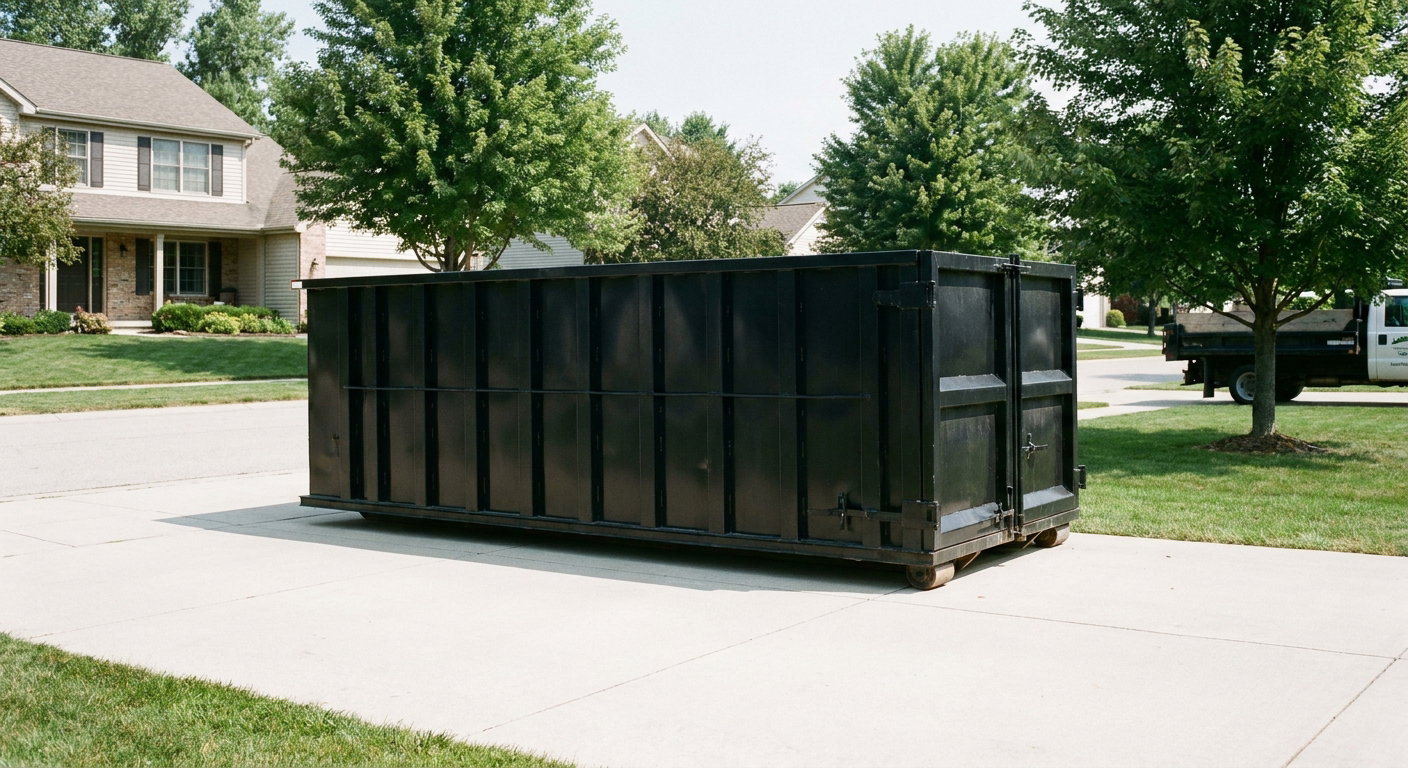 Matte-black 20-yard roll-off dumpster sitting level on a clean Albany residential concrete driveway under bright daylight, demonstrating clean placement directly on the concrete.