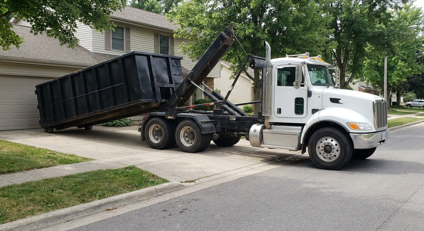 White-cab hooklift roll-off truck actively lowering a matte-black dumpster onto a Albany residential concrete driveway, the dumpster's rear wheels touching the driveway as the hoist arm tilts the bed forward, mid-morning daylight.