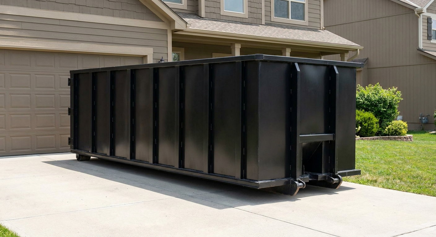 Matte-black residential roll-off dumpster sitting directly on a suburban Albany concrete driveway, garage door closed, single-family home in background, bright morning daylight.