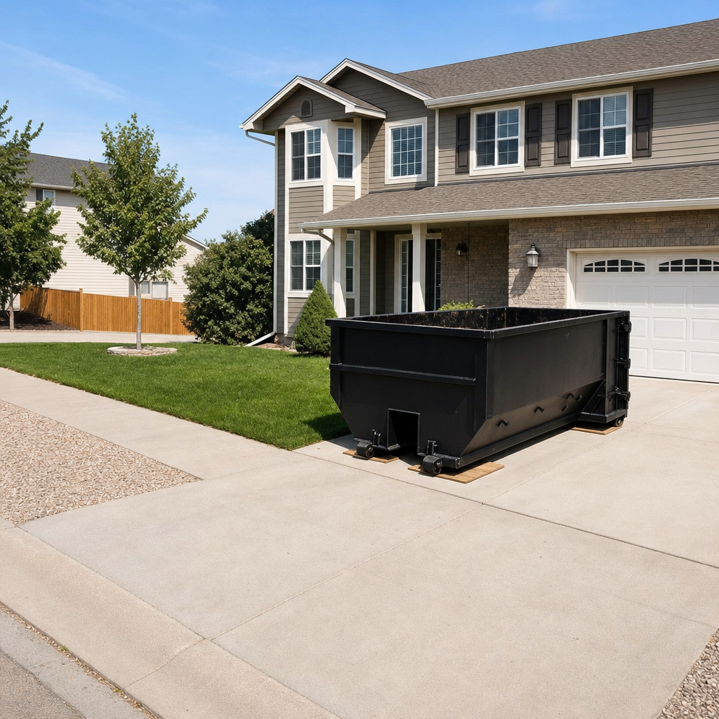 10-yard matte-black residential dumpster placed directly on a narrow Albany concrete driveway, room remains for a parked sedan beside it, mid-morning natural light