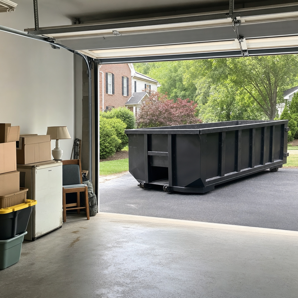 Open garage interior in a Albany home mid-cleanout — boxed items, an old appliance, and stacked yard tools queued near the driveway for a matte-black roll-off dumpster, organized and calm