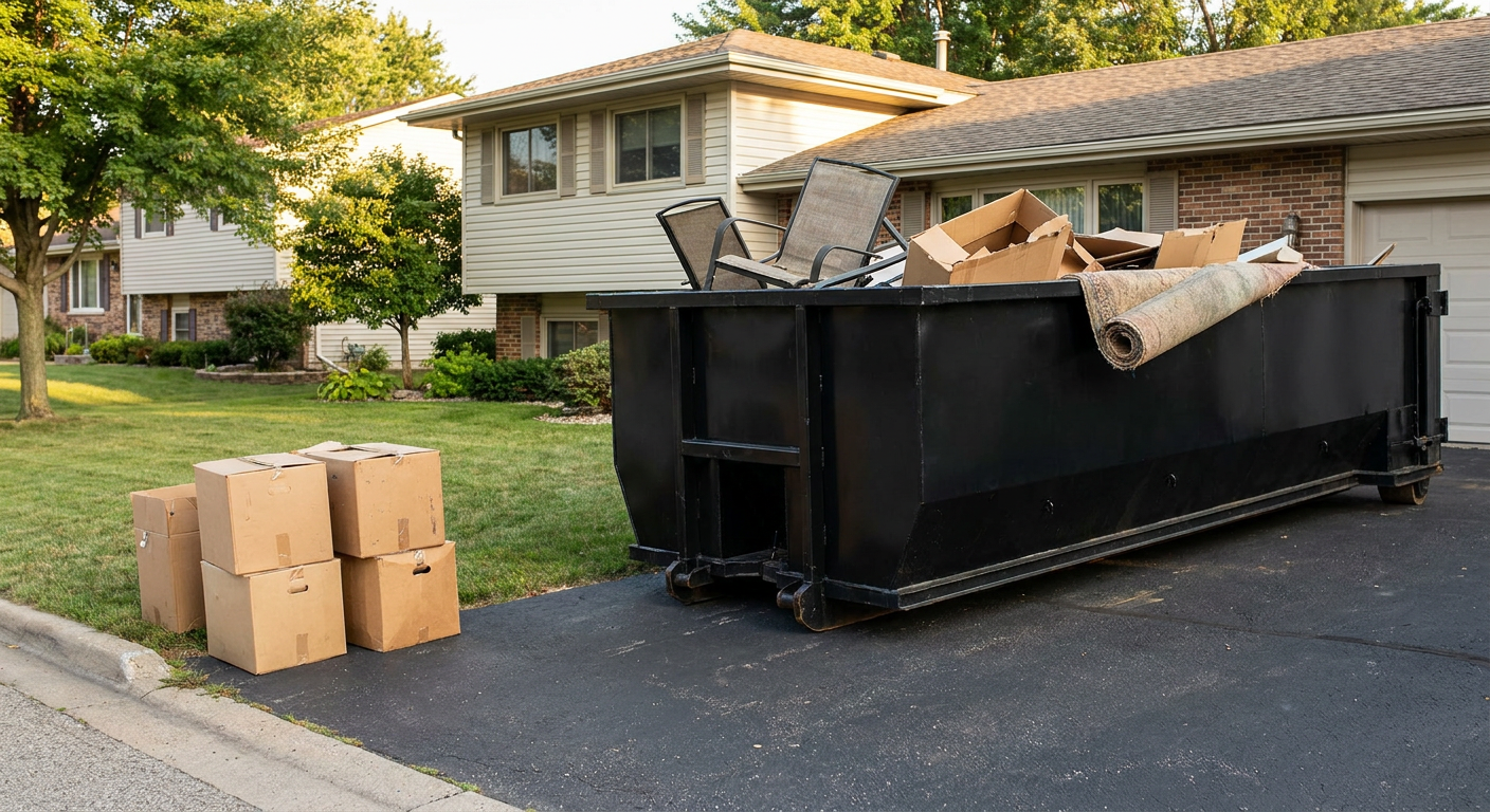 Front-yard view of a Albany split-level home with a 20-yard matte-black roll-off dumpster sitting directly on the asphalt driveway, a few clearly labeled donation boxes staged at the curb, calm sunny afternoon.