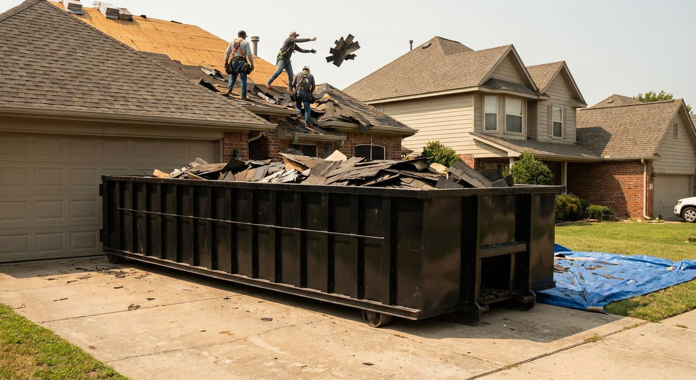 Matte-black roofing roll-off dumpster placed directly on a Albany residential concrete driveway, a tear-off crew on a two-story asphalt-shingle roof tossing shingle bundles into the low-walled container, bright daylight, documentary 35mm perspective.