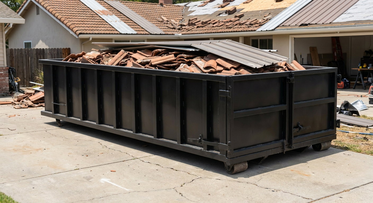 Matte-black low-wall heavy-debris roofing roll-off dumpster sitting directly on a Albany concrete driveway, broken concrete clay roof tiles and metal panel sections loaded inside, reinforced ribbed steel side walls visible, bright outdoor daylight.