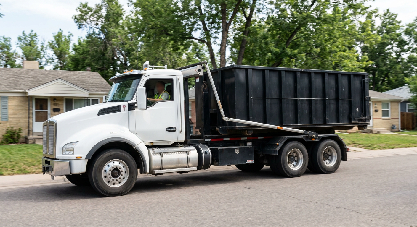 A wide documentary shot of a matte-black roll-off delivery truck pulling onto a quiet Albany residential street at mid-morning, with neighborhood rooftops and tree-lined blocks visible behind, showing the metro coverage footprint.