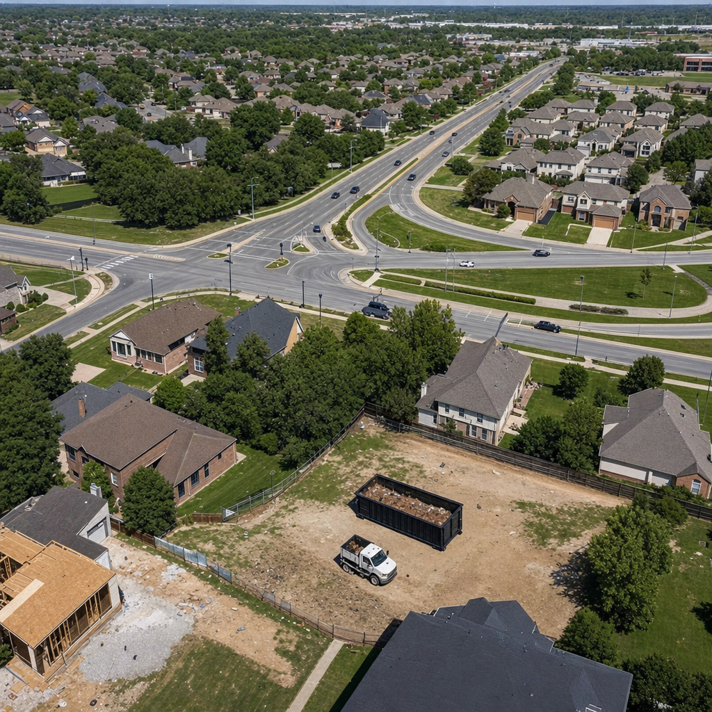 An overhead documentary view of the Albany metro area at midday, showing the spread of neighborhoods, arterial roads, and the dispatch radius from a central yard — clean daylight, organized geographic layout.