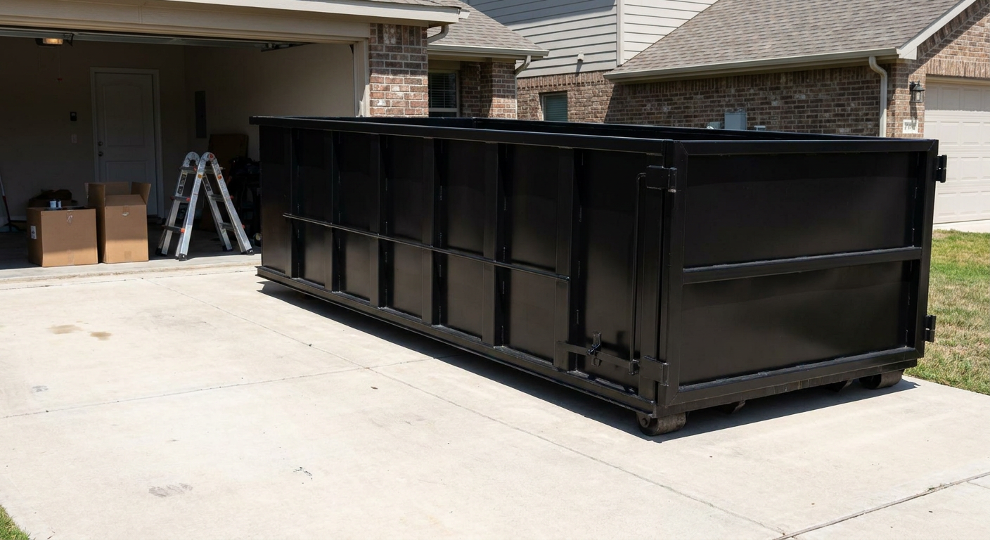 A matte-black 10-yard roll-off dumpster sitting directly on a residential Albany concrete driveway, mid-day sunlight, clean and ready for a garage cleanout.