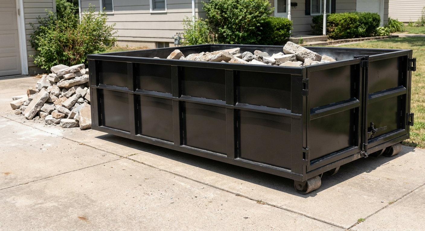 A matte-black low-side heavy-debris roll-off dumpster placed directly on a Albany concrete driveway, with broken concrete chunks neatly stacked beside it under clean daylight.